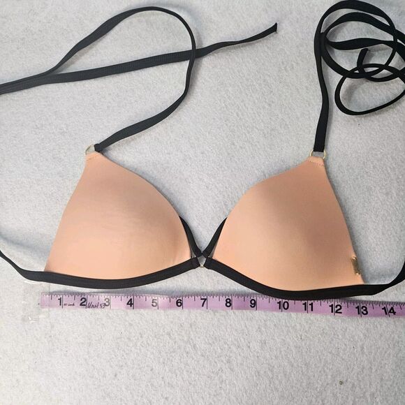 VICTORIA SECRET PINK Bikini Top Sz S Orange Black Trim Triangle Ring - Picture 2 of 4